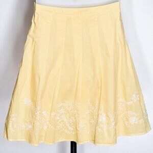 Vintage 90s Talbots Pleated Summer Skirt 12P Yellow Flared Cottage Embroidered